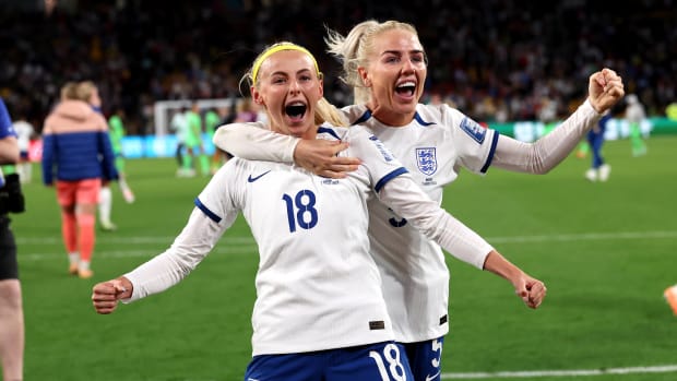 Chloe Kelly (no.18) and Alex Greenwood pictured celebrating after scoring penalty kicks in England's shootout victory over Nigeria at the 2023 FIFA Women's World Cup